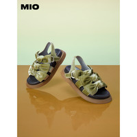 MIO2023夏季纯色低跟厚底凉鞋复古丝绒蝴蝶结时尚休闲沙滩鞋 金色 38