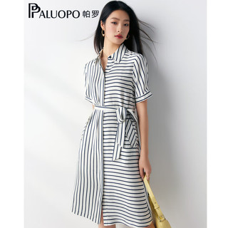 帕罗（PALUOPO）气质真丝连衣裙23新款桑蚕丝条纹通勤衬衫不规则显瘦质感中长裙 黑白条 XXL(175/96A)