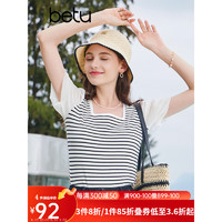 百图betu女装2023夏季新款T恤法式方领条纹拼接网纱短袖T恤女2306T19 黑白条 XS
