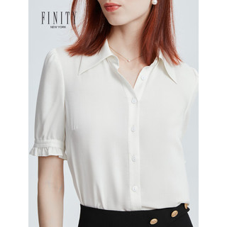 菲妮迪品牌衬衫2023年夏季新款简约气质白色通勤荷叶边短袖上衣女 米白色 S