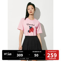 太平鸟草莓印花T恤女短袖2023夏新款宽松圆领休闲时尚减龄上衣潮 粉色 L