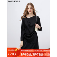 S.DEER圣迪奥女装堆堆领系带不规则垂坠长袖衬衫S23260502 黑色/91 L/170