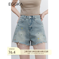 EGGKA 刺绣毛边牛仔短裤女高腰夏季2023年新款复古设计感小众裤子 蓝色 L