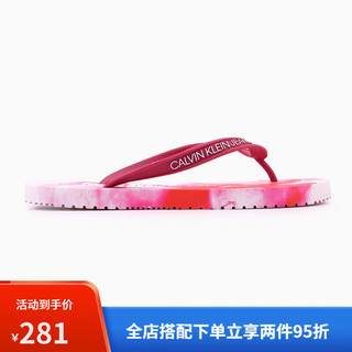 Calvin KleinCK Jeans女士时尚大理石纹印花LOGO夹脚凉拖人字拖鞋YW00129 0J4-粉红色 36