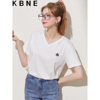 KBNE绿色V领T恤女短袖2023夏季休闲复古别致设计感 白色 XS