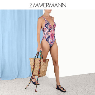 Zimmermann 2023新款Laurel印花褶饰深V领连体泳衣