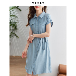 梵希蔓夏季新款H型收腰翻领连衣裙腰带女高级感遮肚子减龄裙子 V8931 灰蓝色 XL