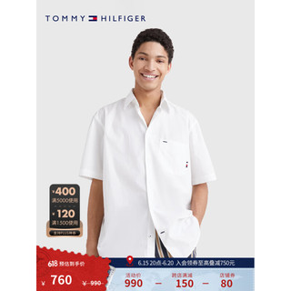 TOMMY HILFIGER 23新款春夏男装纯棉休闲通勤尖角扣纯色短袖衬衫MW0MW30901 白色YCF XL