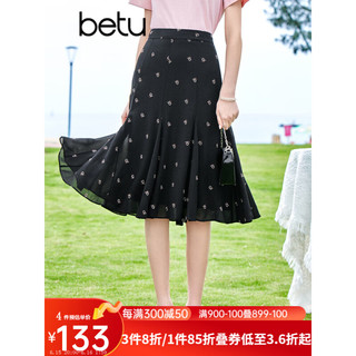 百图betu女装2023夏季新款半身裙高腰通勤印花半身裙女2305T52 黑色 S