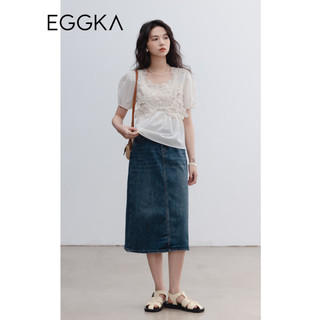 EGGKA 蕾丝拼接衬衫女薄款夏季设计感小众后背镂空白色短款上衣 杏色 均码