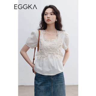 EGGKA 蕾丝拼接衬衫女薄款夏季设计感小众后背镂空白色短款上衣 杏色 均码