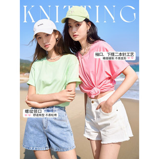 香影（xiangying）纯色t恤女短袖2023夏装新款宽松圆领体恤简约设计感小众上衣 梅红 S