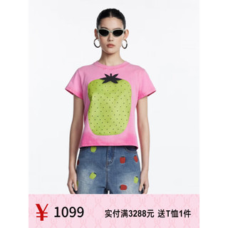 UOOYAA/乌丫2023夏季新款「Sweet Girls」系列水洗做旧草莓T恤 粉色 S