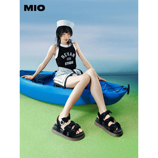MIO2023夏季纯色低跟厚底凉鞋复古丝绒蝴蝶结时尚休闲沙滩鞋 黑色 34