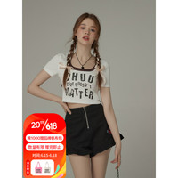 CHUU交叉露背T恤女2023新款夏季甜辣字母印花撞色拼接修身短上衣 白色 均码