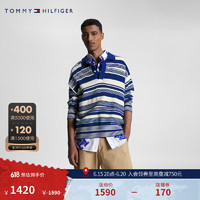 TOMMY HILFIGER 23新款早秋男装不规则条纹刺绣POLO领宽松落肩针织衫31590 蓝白条纹0GY S