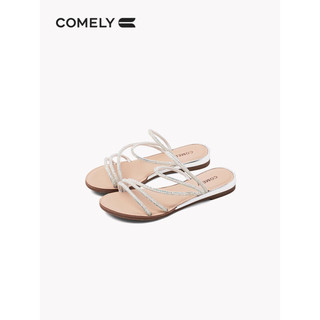 COMELY 康莉 拖鞋女外穿2023年夏季新款舒适平底水钻休闲度假两穿凉拖鞋 银色 37