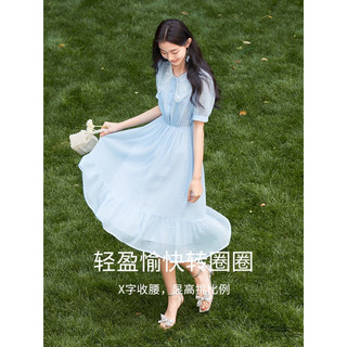 香影（xiangying）娃娃领连衣裙女2023夏装新款蓝色甜美超仙裙子收腰泡泡袖裙子 蓝色 L