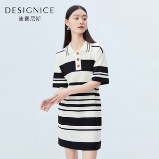 迪赛尼斯（DESIGNICE）2023夏季新款针织直筒条纹polo领气质中长款连衣裙女士 黑白 S