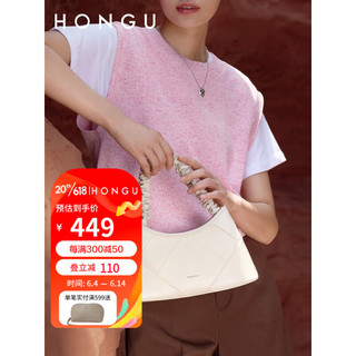 红谷（HONGU）包包女2023新款时尚羊皮手提包小众设计单肩腋下包 米白