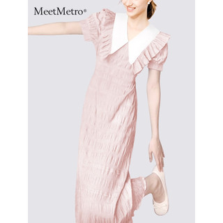 MeetMetro玛依尔2023夏季新款撞色娃娃领法式甜美肌理感连衣裙女 黄色 L