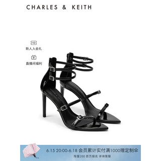 CHARLES&KEITH23夏季新品CK1-60280394时尚腕带细跟露趾凉鞋女 Black Patent黑色 36