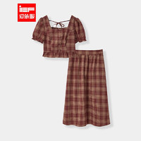 IEF/爱依服显瘦连衣裙法式复古格纹显白气质套装 卡红格 XL