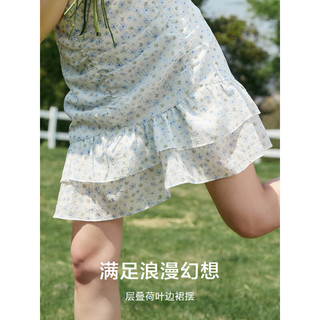 Semir 森马 法式连衣裙女方领荷叶边2023夏季新款雪纺裙甜美碎花裙 绿色调00344 160/84A/M