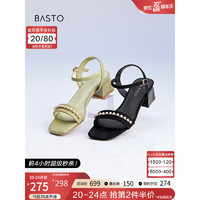 BASTO 百思图 2023夏季新款时髦仙女风珍珠饰一字带粗跟女凉鞋A1214BL3 绿色 35