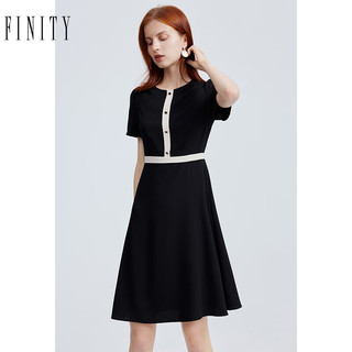 菲妮迪品牌连衣裙2023夏季新款简约设计感时尚黑色圆领短袖A字裙 黑色 S
