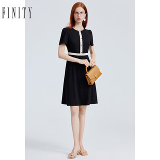 菲妮迪品牌连衣裙2023夏季新款简约设计感时尚黑色圆领短袖A字裙 黑色 S