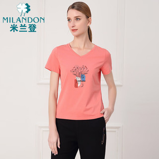 MILANDON 米兰登 2023夏季中老年女装新款妈妈装时尚V领印花短袖针织t恤衫1N1T1007 黑色 M