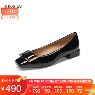 KISSCAT接吻猫女鞋浅口船鞋新款低跟舒适通勤小皮鞋女士单鞋KA43521-11 黑色 34