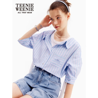 Teenie Weenie小熊2023夏季新款个性翻领设计感竖条纹衬衫女 蓝色 155/XS