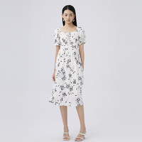 洛可可（ROCOCO）2023夏新款法式黑白碎花连衣裙温柔气质方领设计感收腰长裙 白色 XL