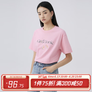 洛可可（ROCOCO）2023夏季新款白色圆领纯棉短袖T恤女士透气印花宽松上衣 粉色 S