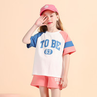 MY Ladybird House 瓢虫之家 女童运动套装2023夏季款撞色拼接圆领弹力短袖印花T恤短裤两件套