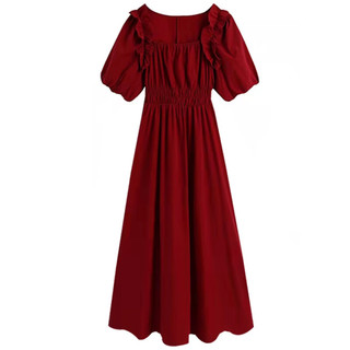 佰蓝娇红色法式连衣裙新款2023夏季女装时尚洋气质泡泡袖小个子裙子夏天 红色 M