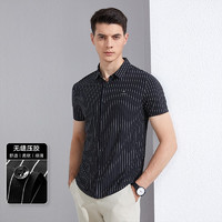 BOSSSUNWEN 夏季柔软舒适短袖条纹男式无痕衬衫衬衣 黑色 M(170/92A)