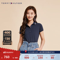 TOMMY HILFIGER23新款春夏女珠地网眼五粒扣金线镶边修身短袖POLO衫37825 藏青色DW5 S(推荐：90-105斤)