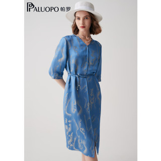 帕罗（PALUOPO）23夏新品连衣裙女V领国风高级感重磅桑蚕丝裙子 蓝色 M(160/84A)