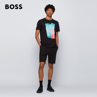 HUGO BOSS男士春夏照片印花棉质平纹针织常规圆领短袖T恤 001-黑色 L