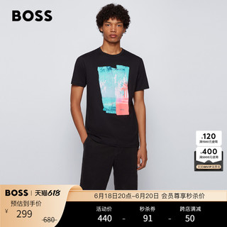 HUGO BOSS男士春夏照片印花棉质平纹针织常规圆领短袖T恤 001-黑色 XL