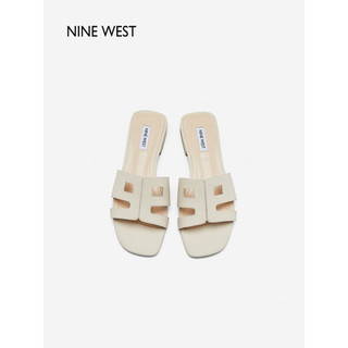 NINE WEST/玖熙拖鞋女鞋2023夏季新款简约百搭休闲外穿真皮露趾镂空平底鞋 米白 36