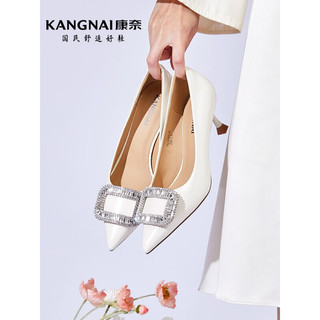 康奈（kangnai）女鞋2023年春季新款方扣设计水钻高跟鞋气质尖头细跟单鞋18232023 米白色 34