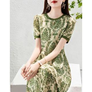 德玛纳（dme）连衣裙复古格纹雪纺裙通勤圆领H型女中长款 藻绿 S