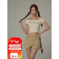 CHUU木耳边T恤女2023夏季新品字母甜辣高妹刺绣一字领短袖上衣薄 米白色 均码