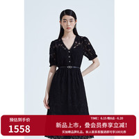 ochirly欧时力 水溶蕾丝温柔风连衣裙女2023新款夏装V领气质超仙 黑色 XS