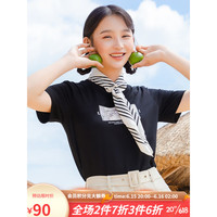 lagogo拉谷谷2023夏新款黑色圆领全棉字母印花休闲T恤女正肩短袖 黑色(W1) 165/L/40