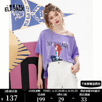 妖精的口袋灰色印花短袖t恤女2023夏新款宽松上衣 迷人紫色 S